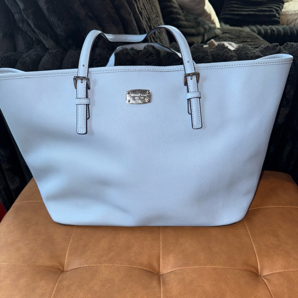 Michael Kors Pale Blue Saffiano Tote with Buckle Handles